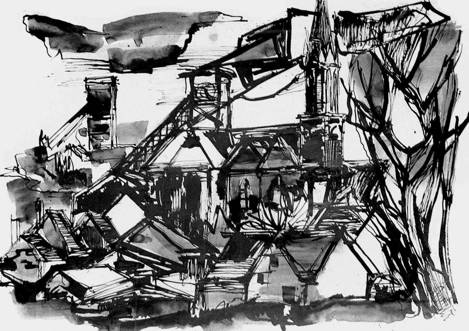 Walter Bernstein - Zechenlandschaft Saarland, Tusche auf Papier, 60er Jahre