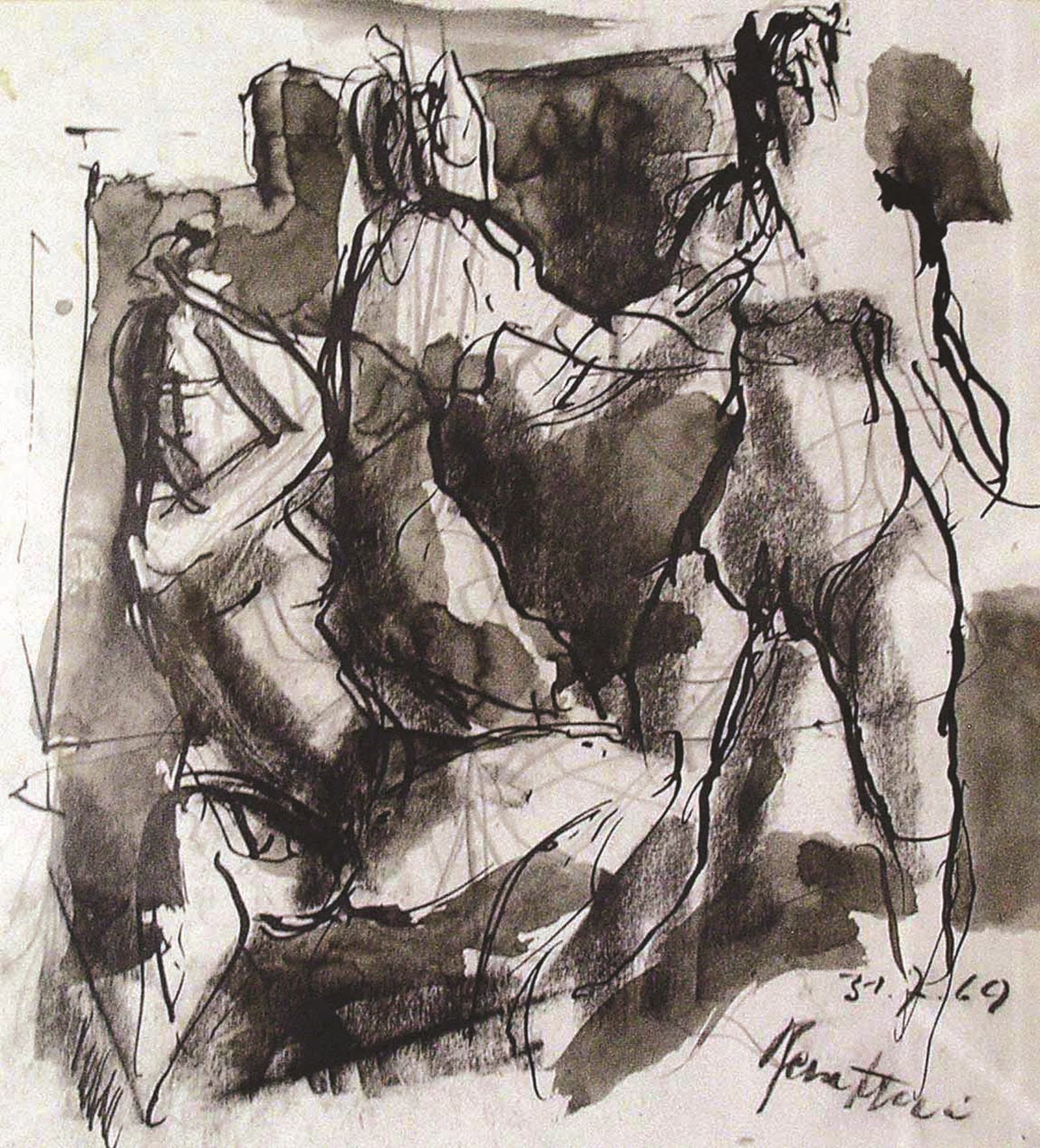 Walter Bernstein - Figurenstudie, Bleistift, Tusche laviert auf Papier, 70er Jahre